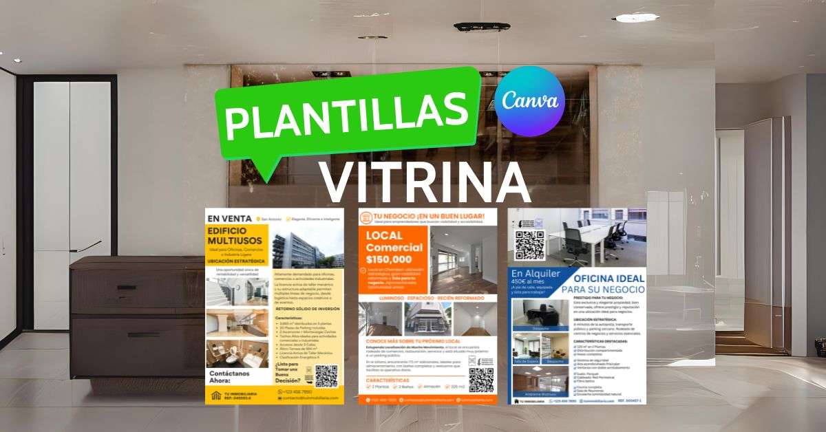 vitrina inmobiliaria, plantilla canva, negocio inmobiliario, agencia inmobiliaria, edificios, oficinas, locales comerciales, comunicanarias